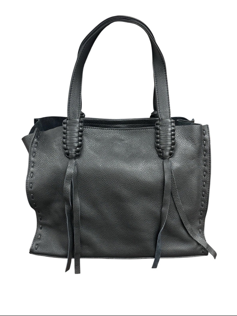 Callista Crafts Classic Black Medium Leather Tote Bag with Woven Accents